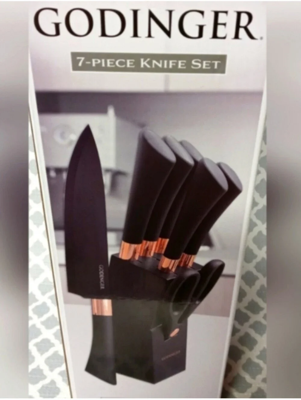 GODINGER 7 Pcs Knife Set Block & Scissors Black & Rose Gold